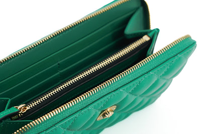 Green Leather Long Zip Around Wallet