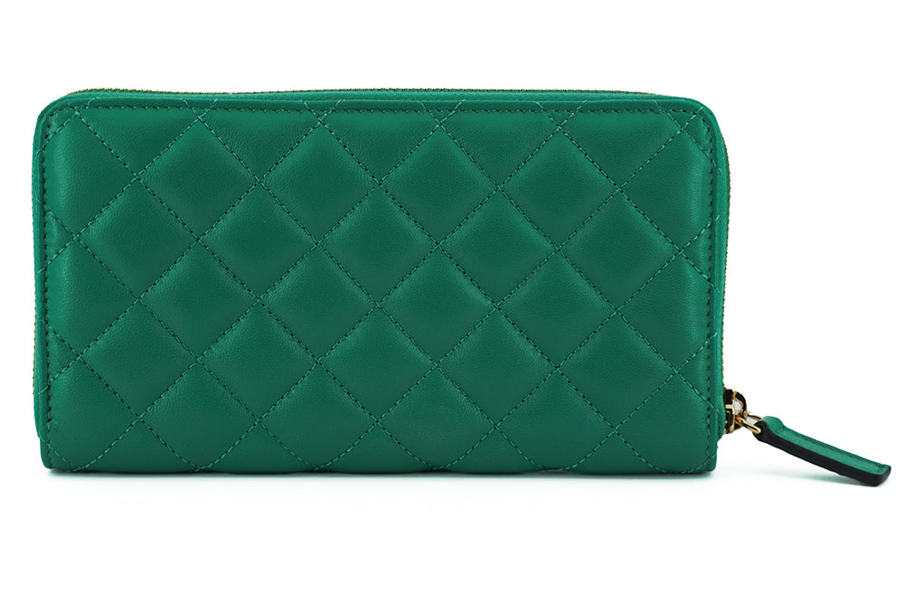 Green Leather Long Zip Around Wallet