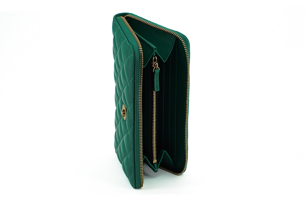 Green Leather Long Zip Around Wallet