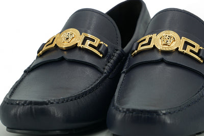 Navy Blue Calf Leather Loafers Shoes