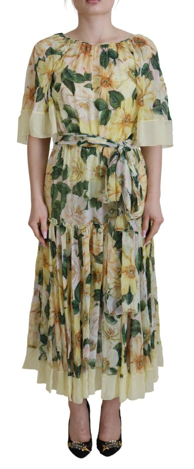 Yellow Floral Print Pleated Maxi Silk Dress