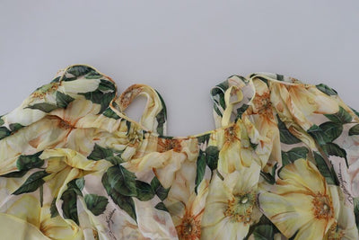 Yellow Floral Print Pleated Maxi Silk Dress