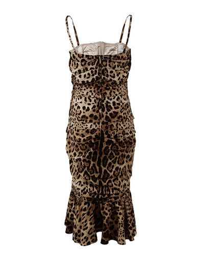 Brown Leopard Print Ruched Midi Dress