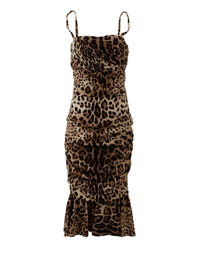 Brown Leopard Print Ruched Midi Dress