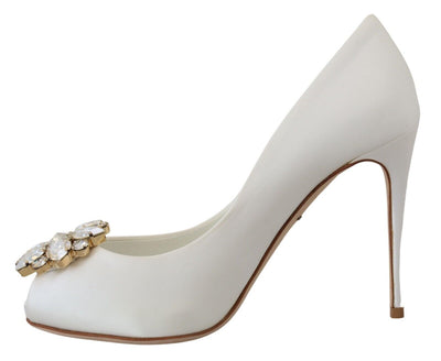 White Crystals Peep Toe Heel Satin Pumps