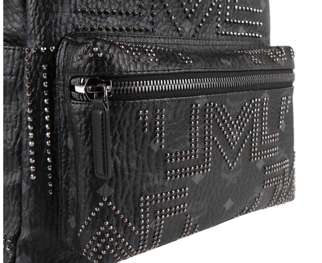 MCM Black Coated Canvas Studded Medium Backpack