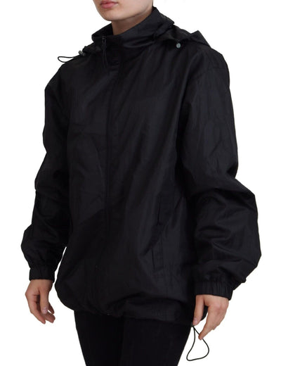 Black Printed Nylon Hooded Bomber Jacket