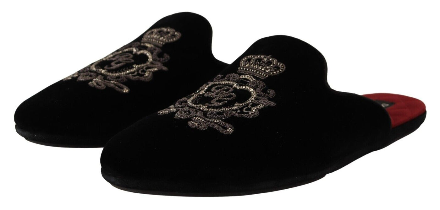 Black Velvet DG Crown Embroidery Slides Shoes