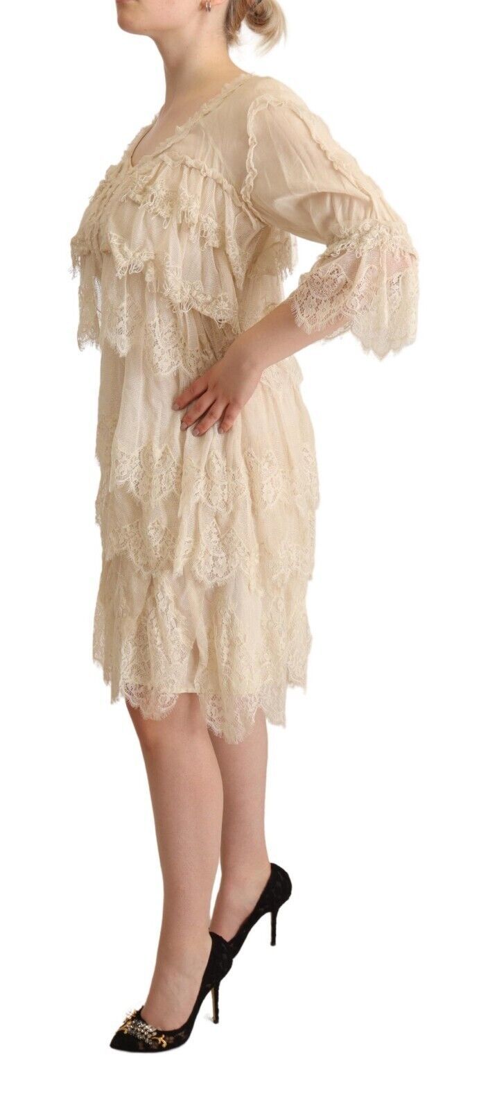 Beige 3/4 Sleeves Layered Lace Knee Length Dress