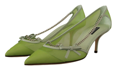 Green Mesh Leather Chains Heels Pumps Shoes