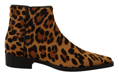 Brown Black Leopard Leather Cowboy Boots Shoes