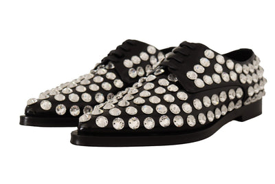 Black Leather Crystals Lace Up Formal Shoes