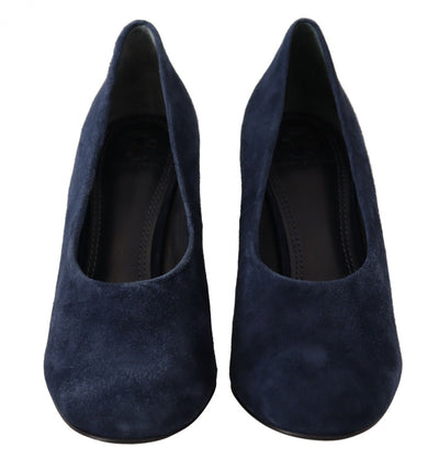 Navy Blue Suede Leather Block Heels Pumps Shoes