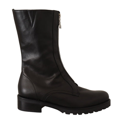 Black Leather High Boots Front Zip Closure Shoes