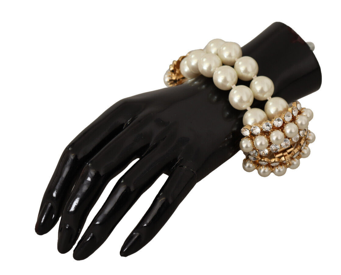 White Faux Pearl Beads Translucent Crystals Bracelet