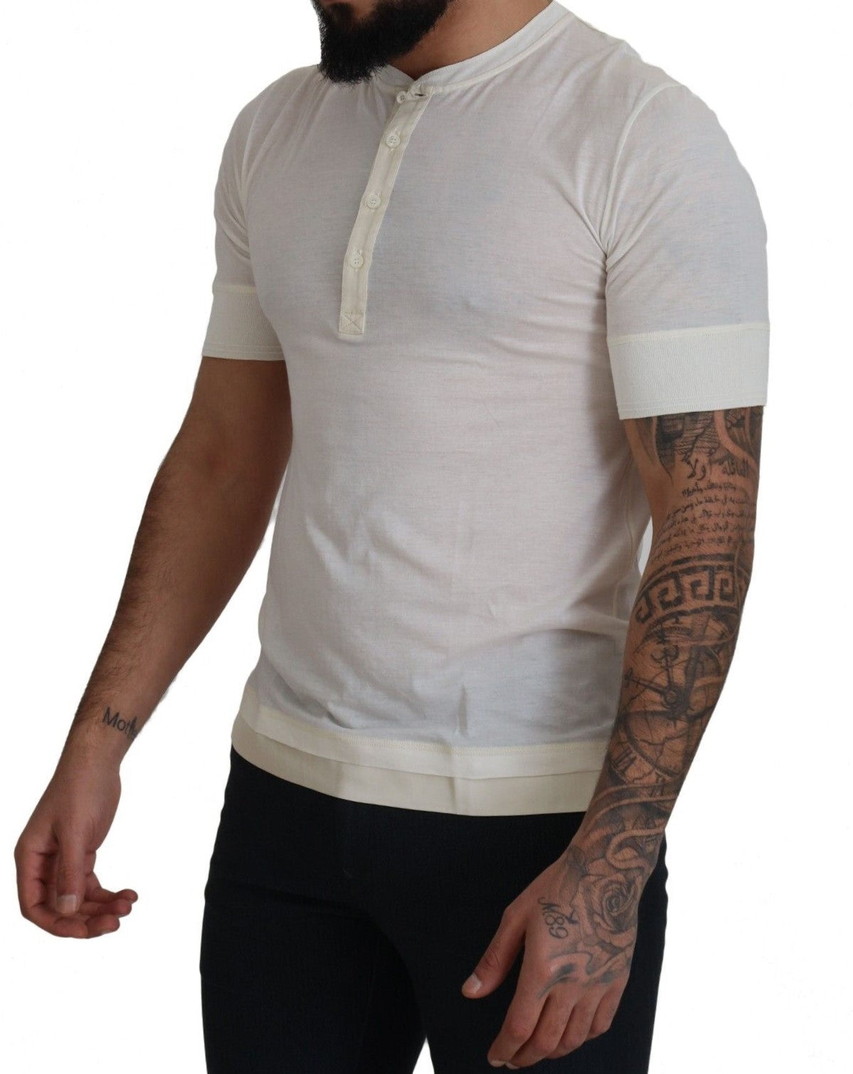 White Short Button Closure Crewneck  T-shirt