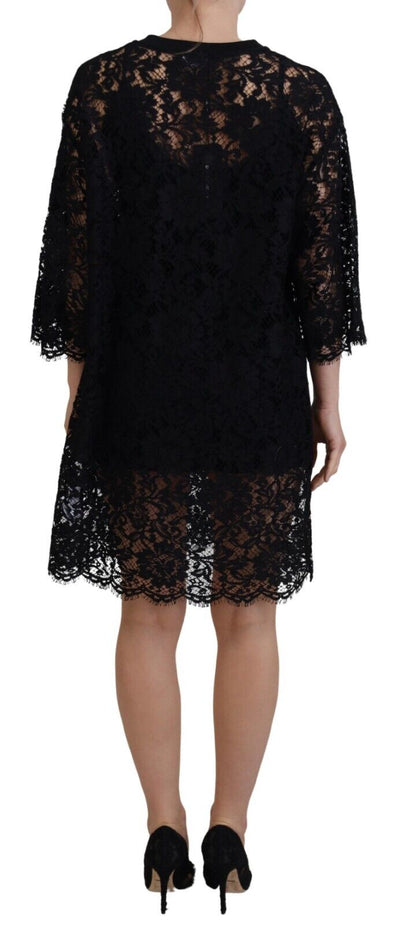 Black Floral Lace Cotton Shift Mini Dress