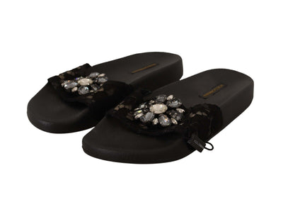 Black Lace Crystal Sandals Slides Beach Shoes