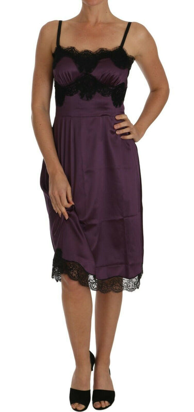 Purple Silk Stretch Black Lace A-Line Dress