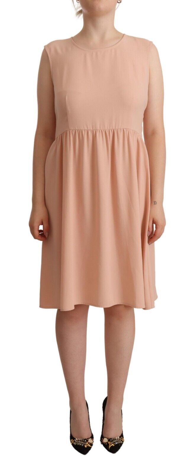 Beige Polyester Sleeveless Shift Knee Length Dress