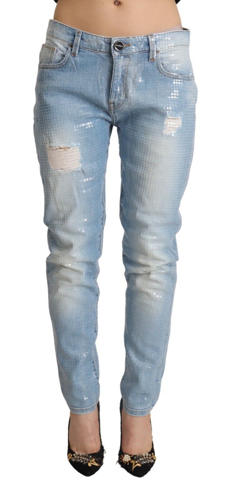 Light Blue Distressed Cotton Skinny Low Waist Denim Jeans