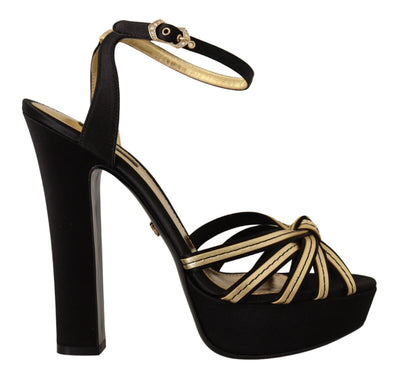 Black Gold Viscose Ankle Strap Heels Sandals Shoes