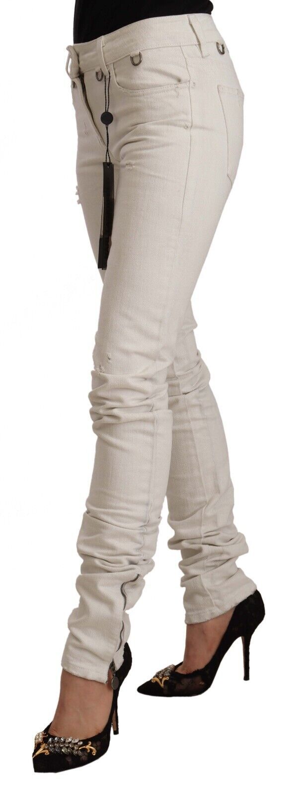 White Mid Waist Cotton Denim Slim Fit Jeans