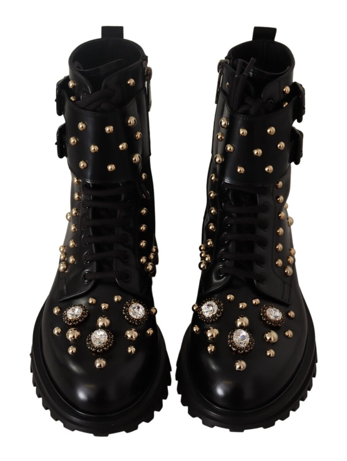 Black Leather Crystal Embellished Boots Shoes