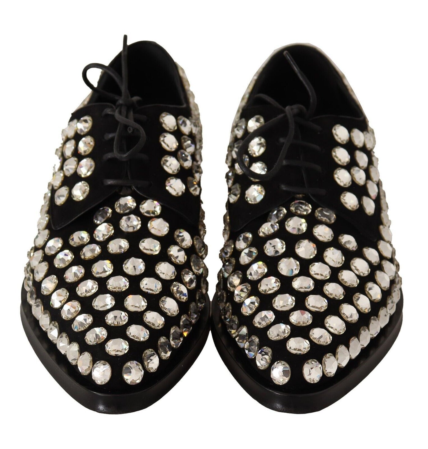 Black Leather Crystals Lace Up Formal Shoes