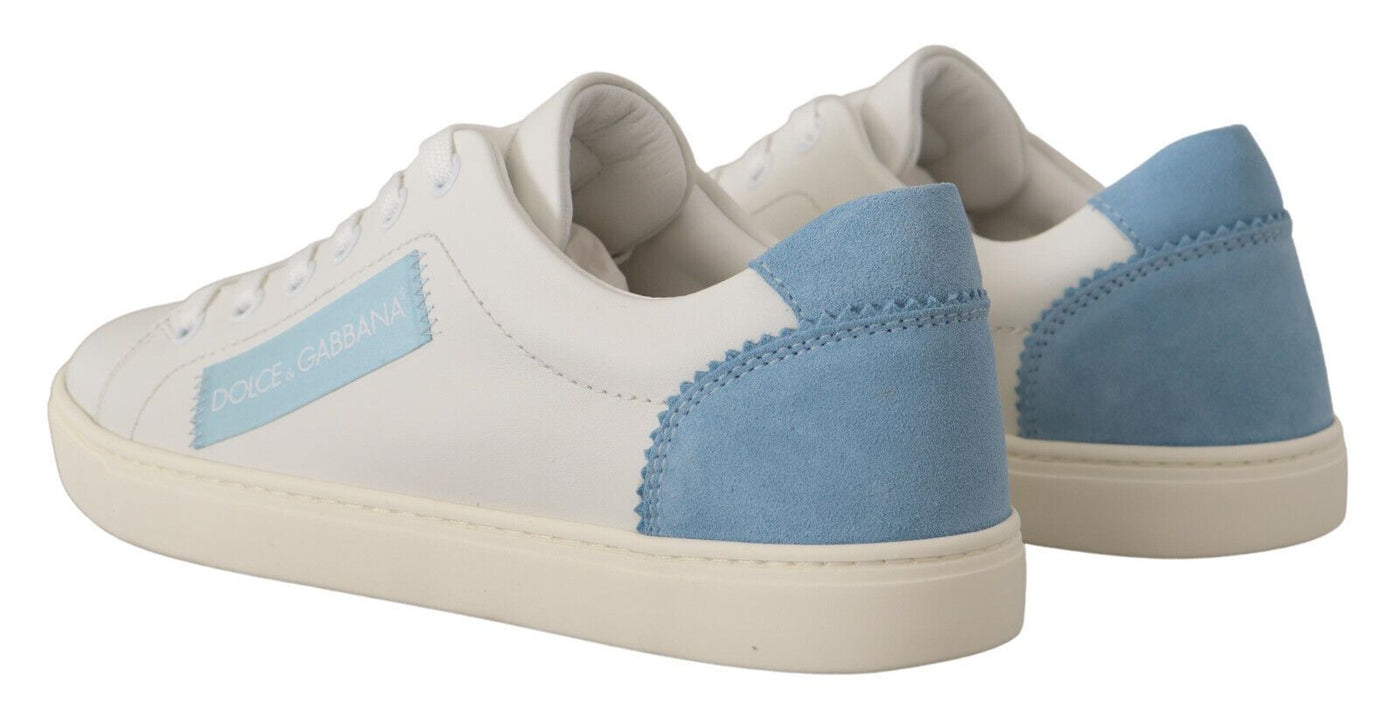 White Blue Leather Low Top Sneakers Shoes