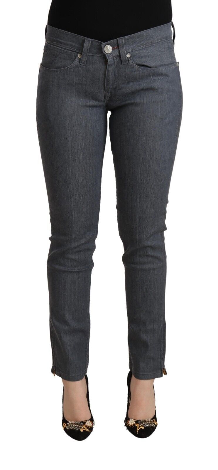 Gray Cotton Low Waist Skinny Denim Jeans