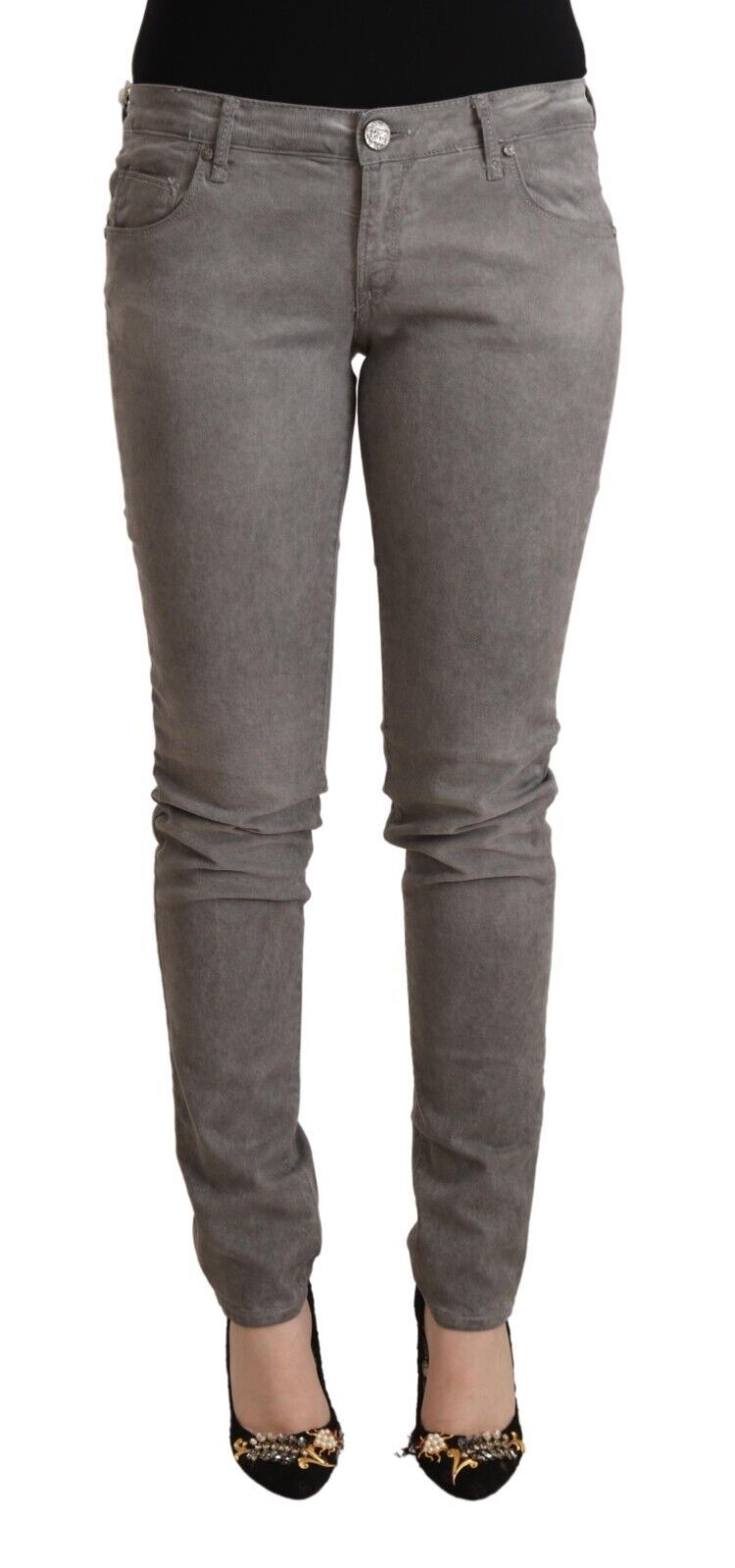 Gray Cotton Low Waist Skinny Push Up Denim Jeans