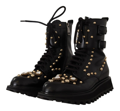 Black Leather Crystal Embellished Boots Shoes