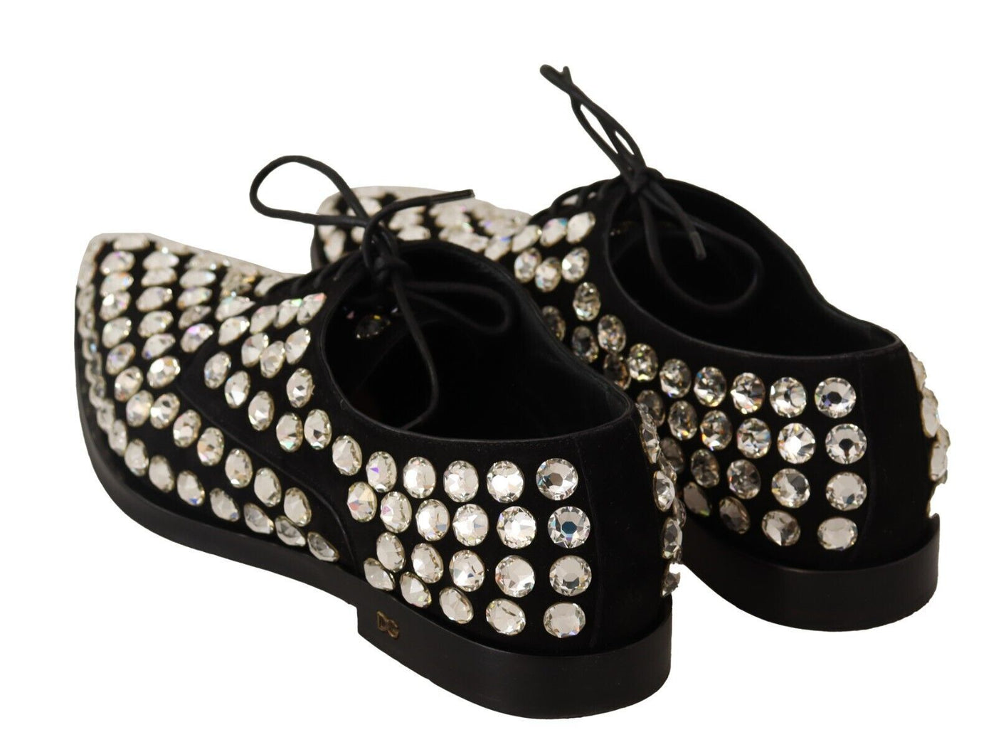 Black Leather Crystals Lace Up Formal Shoes