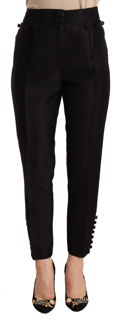 Black Button Embellished Cropped High Waist Pants