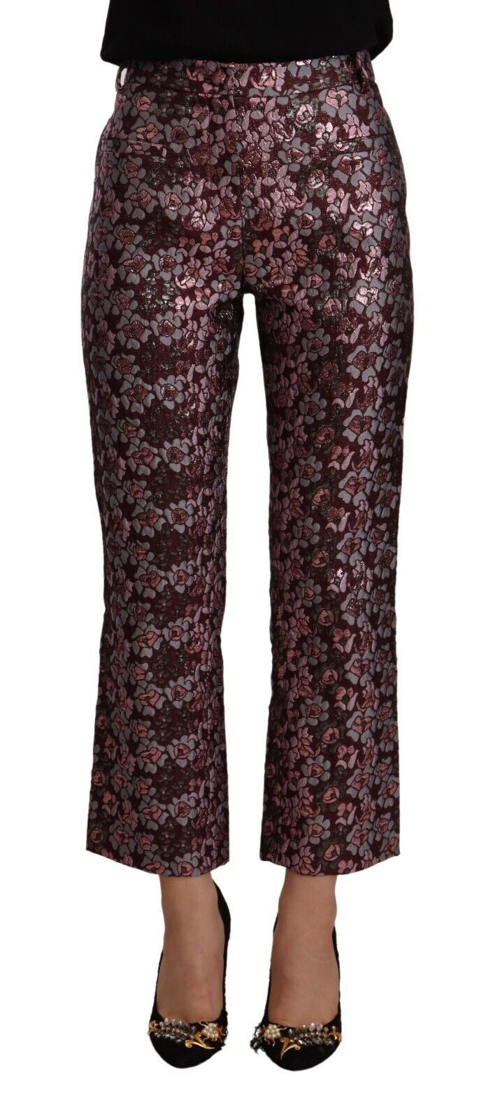 Multicolor Floral Jacquard Flared Cropped Pants