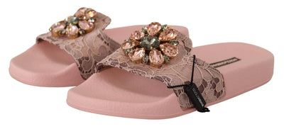 Pink Lace Crystal Sandals Slides Beach Shoes