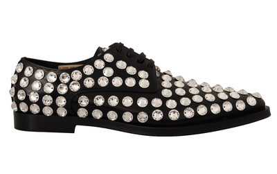 Black Leather Crystals Lace Up Formal Shoes