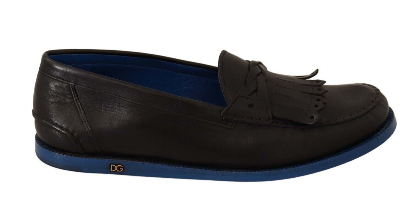 Black Leather Tassel Slip On Loafers Shoes