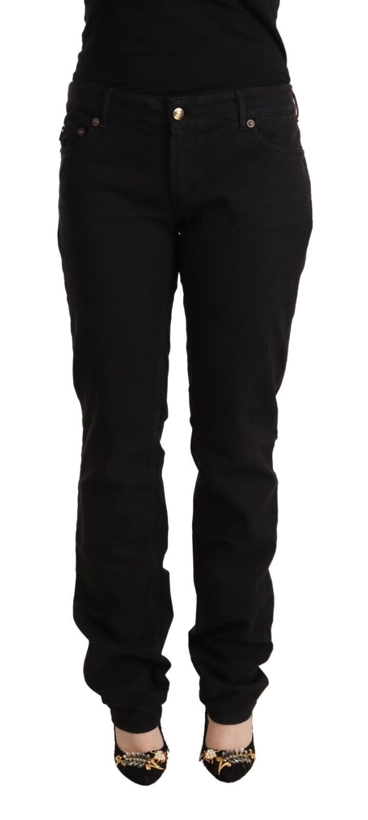 Black Mid Waist Denim Cotton Skinny Jeans