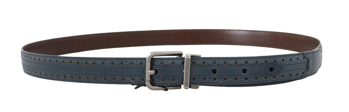 Blue Perforated Leather Gray Buckle Belt