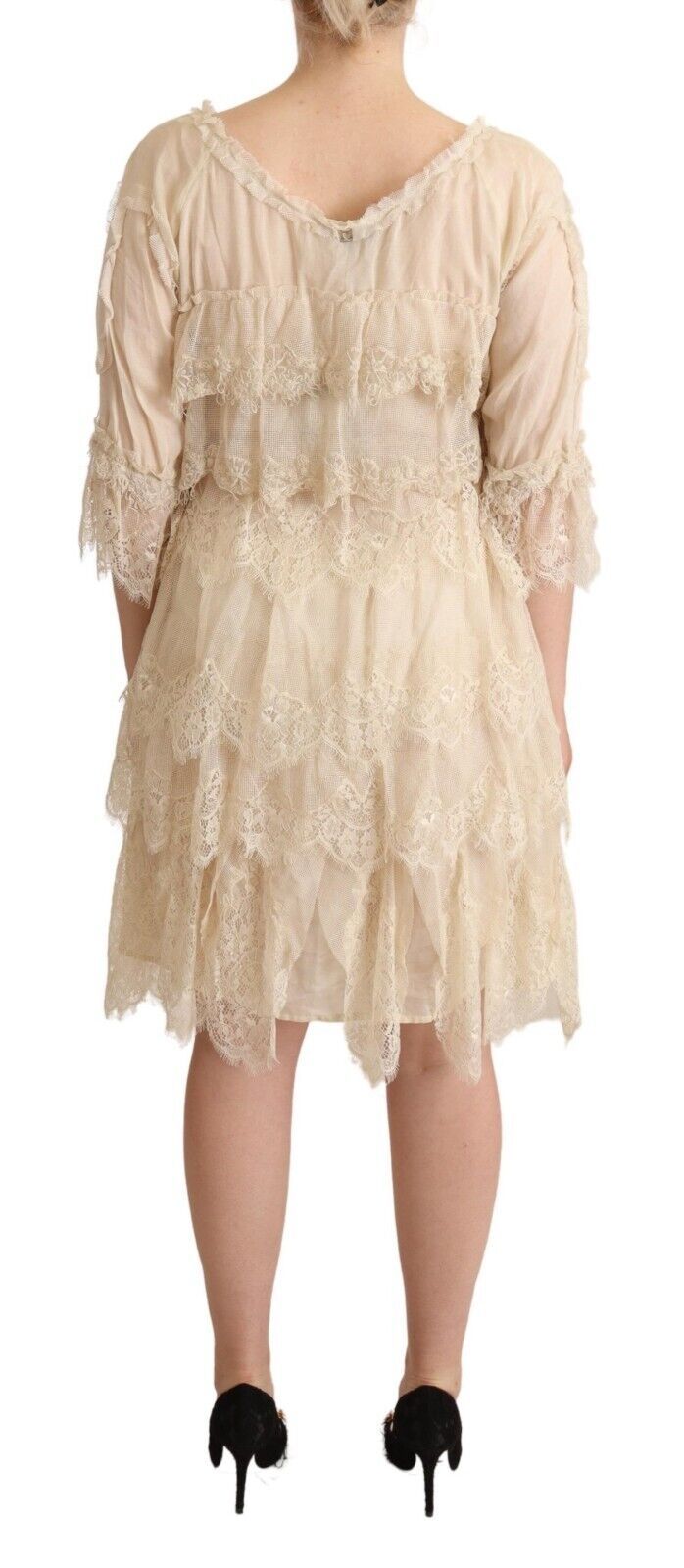 Beige 3/4 Sleeves Layered Lace Knee Length Dress