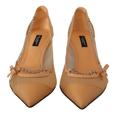 Peach Mesh Leather Chains Heels Pumps Shoes