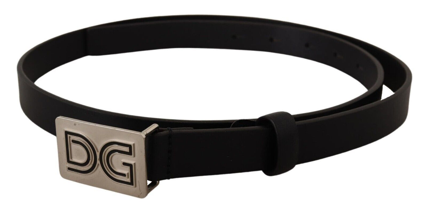 Black Leather Silver DG Logo Buckle Belt