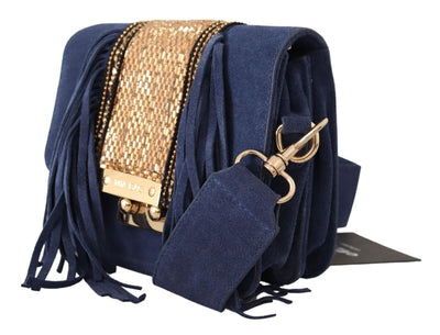 Blue Suede Gold Applique Logo Shoulder Handbag Bag