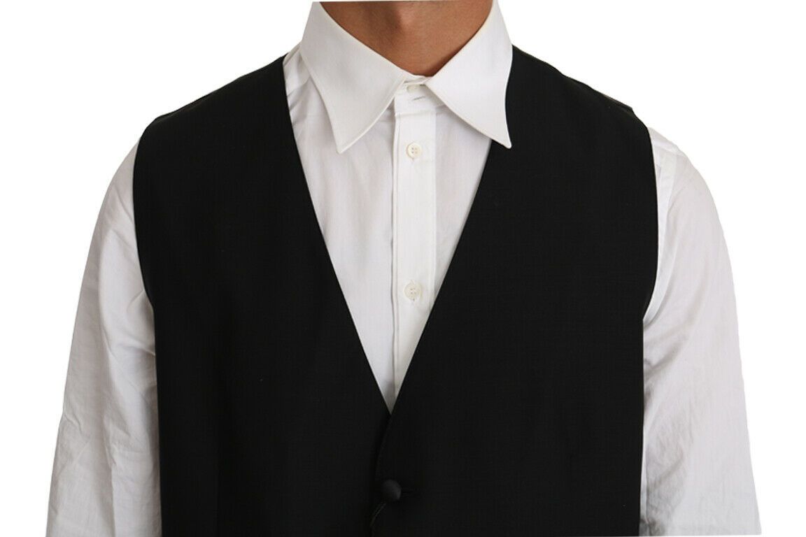 Black Solid Wool Silk Vest