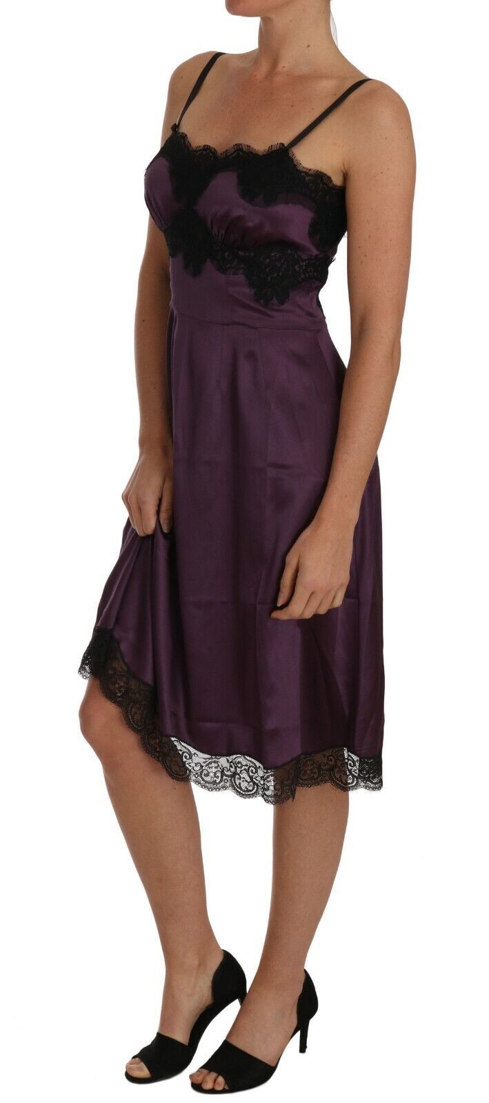 Purple Silk Stretch Black Lace A-Line Dress