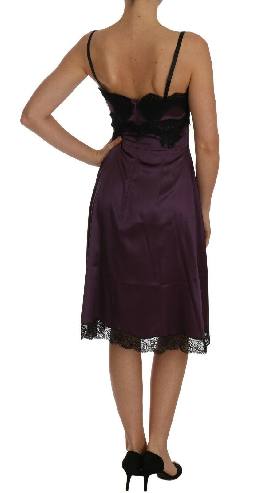 Purple Silk Stretch Black Lace A-Line Dress