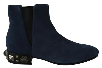 Blue Suede Embellished Studded Boots Shoes