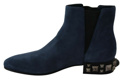 Blue Suede Embellished Studded Boots Shoes